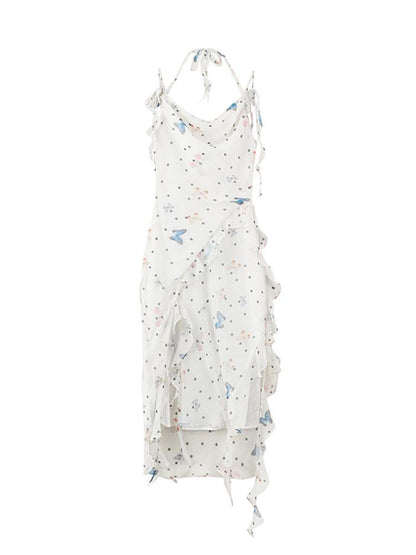 1P STUDIO Polka Dot Butterfly Floral Slit Asymmetric Women&