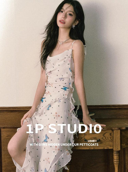1P STUDIO Polka Dot Butterfly Floral Slit Asymmetric Women&