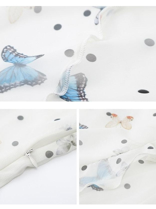 1P STUDIO Polka Dot Butterfly Floral Slit Asymmetric Women&