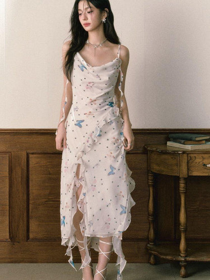 1P STUDIO Polka Dot Butterfly Floral Slit Asymmetric Women&
