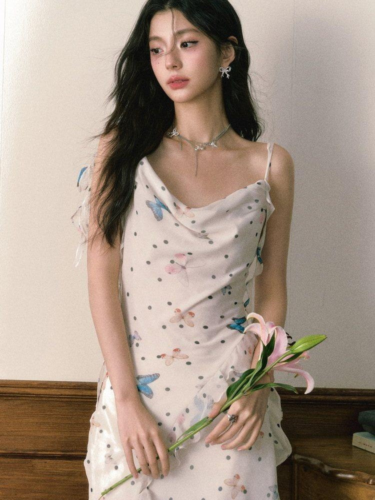 1P STUDIO Polka Dot Butterfly Floral Slit Asymmetric Women&