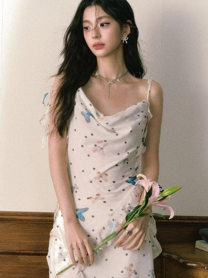 1P STUDIO Polka Dot Butterfly Floral Slit Asymmetric Women&
