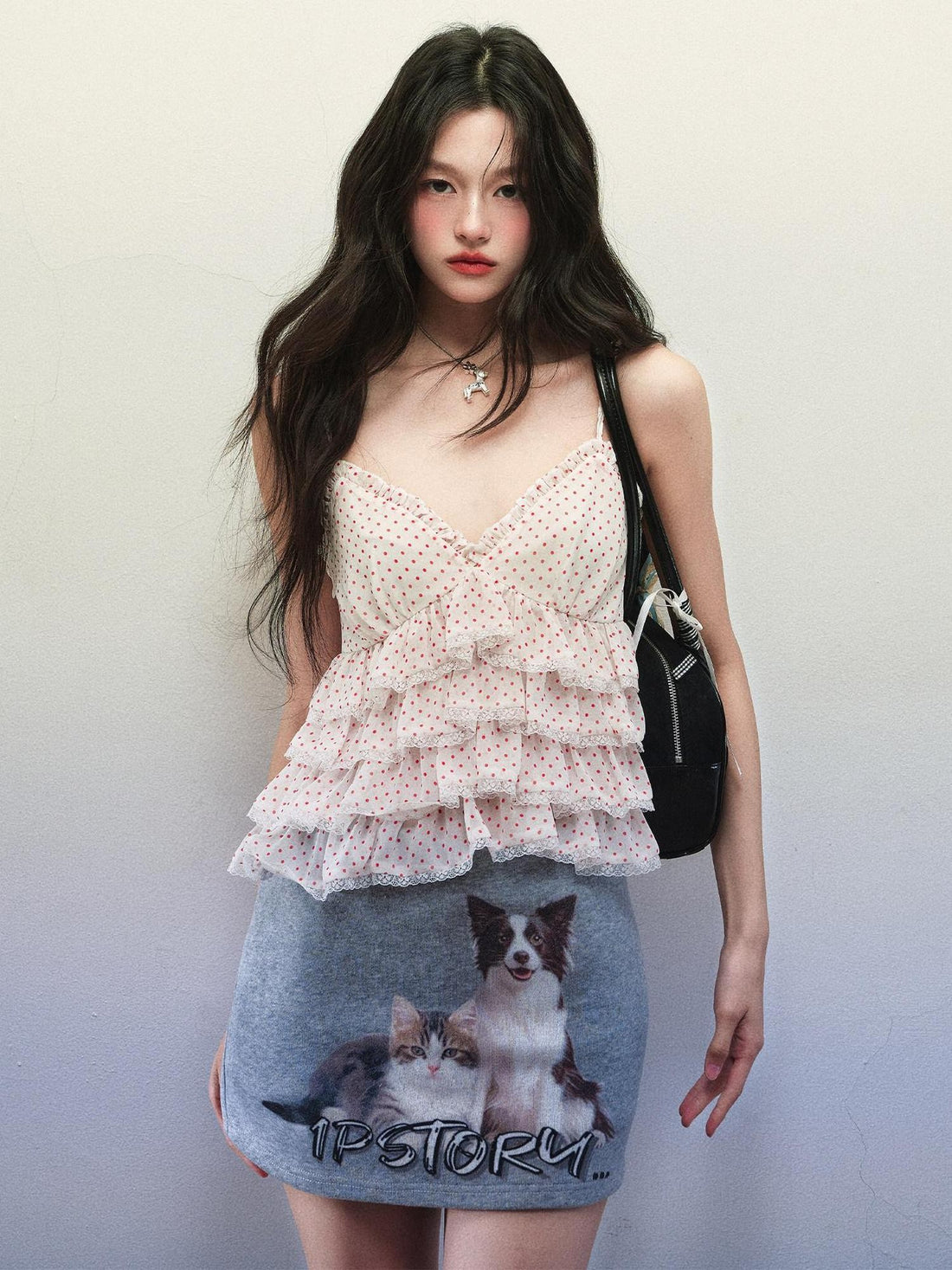 1P STUDIO Polka Dot Cat Dog Print V-neck Ruffle Women&