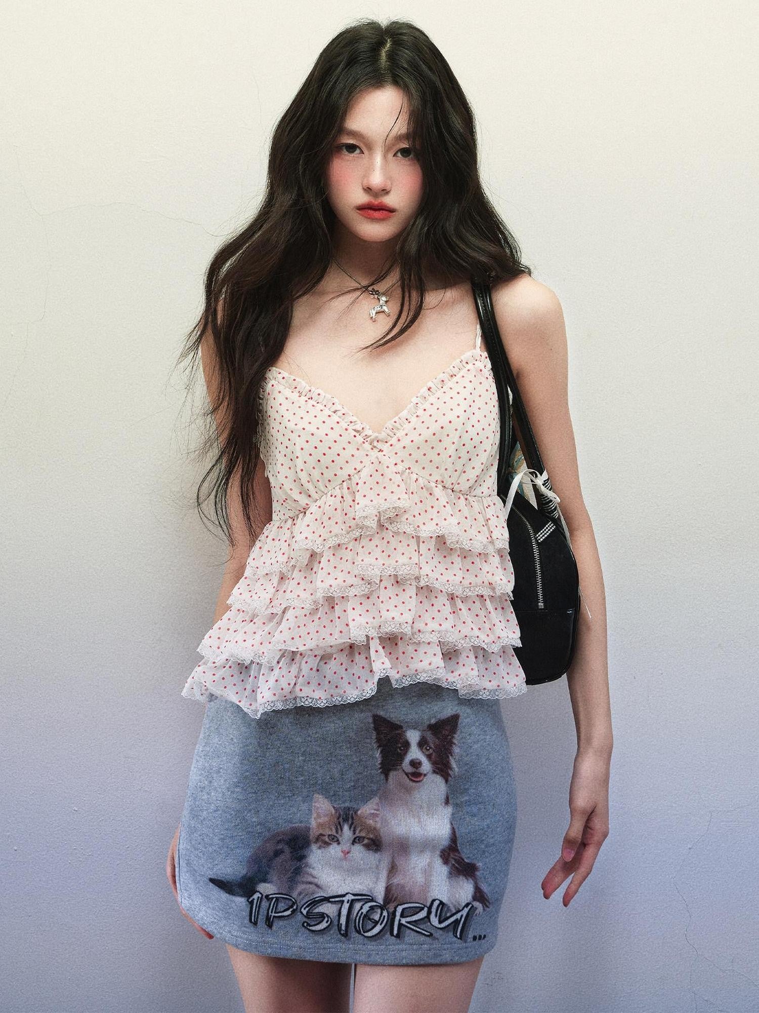 1P STUDIO Polka Dot Cat Dog Print V-neck Ruffle Women&