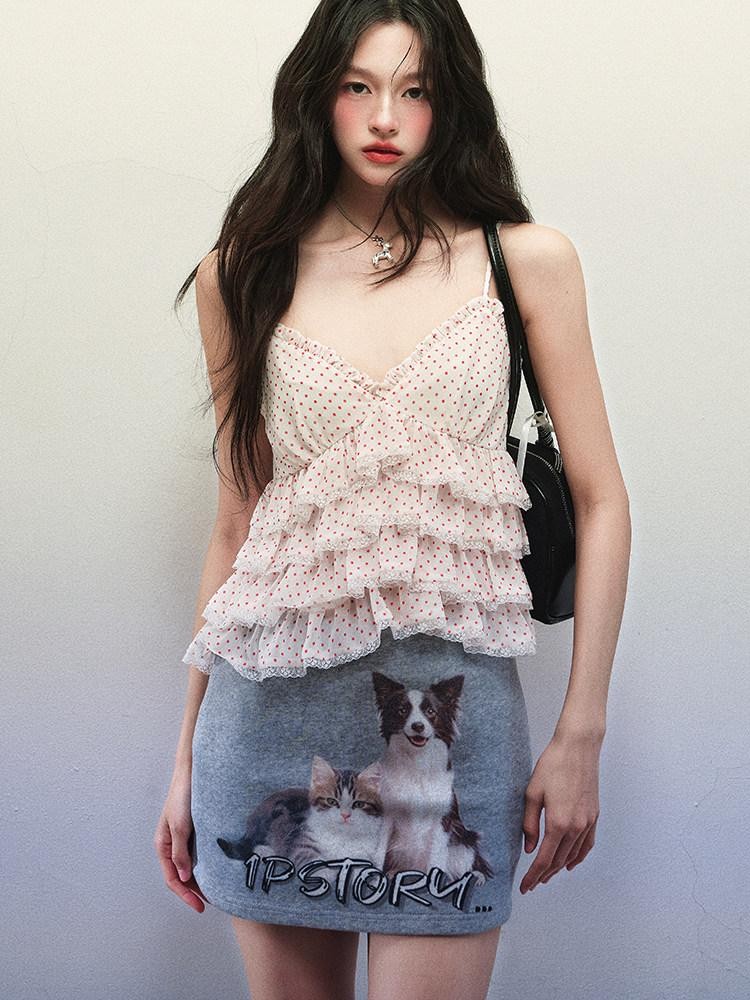 1P STUDIO Polka Dot Cat Dog Print V-neck Ruffle Women&