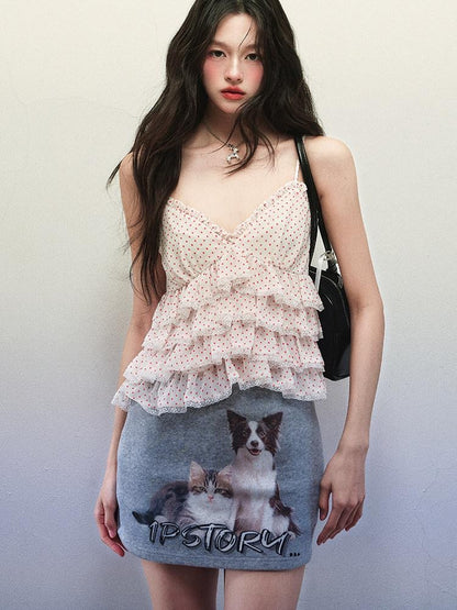 1P STUDIO Polka Dot Cat Dog Print V-neck Ruffle Women&