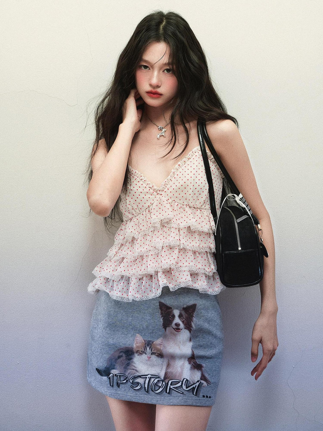 1P STUDIO Polka Dot Cat Dog Print V-neck Ruffle Women&