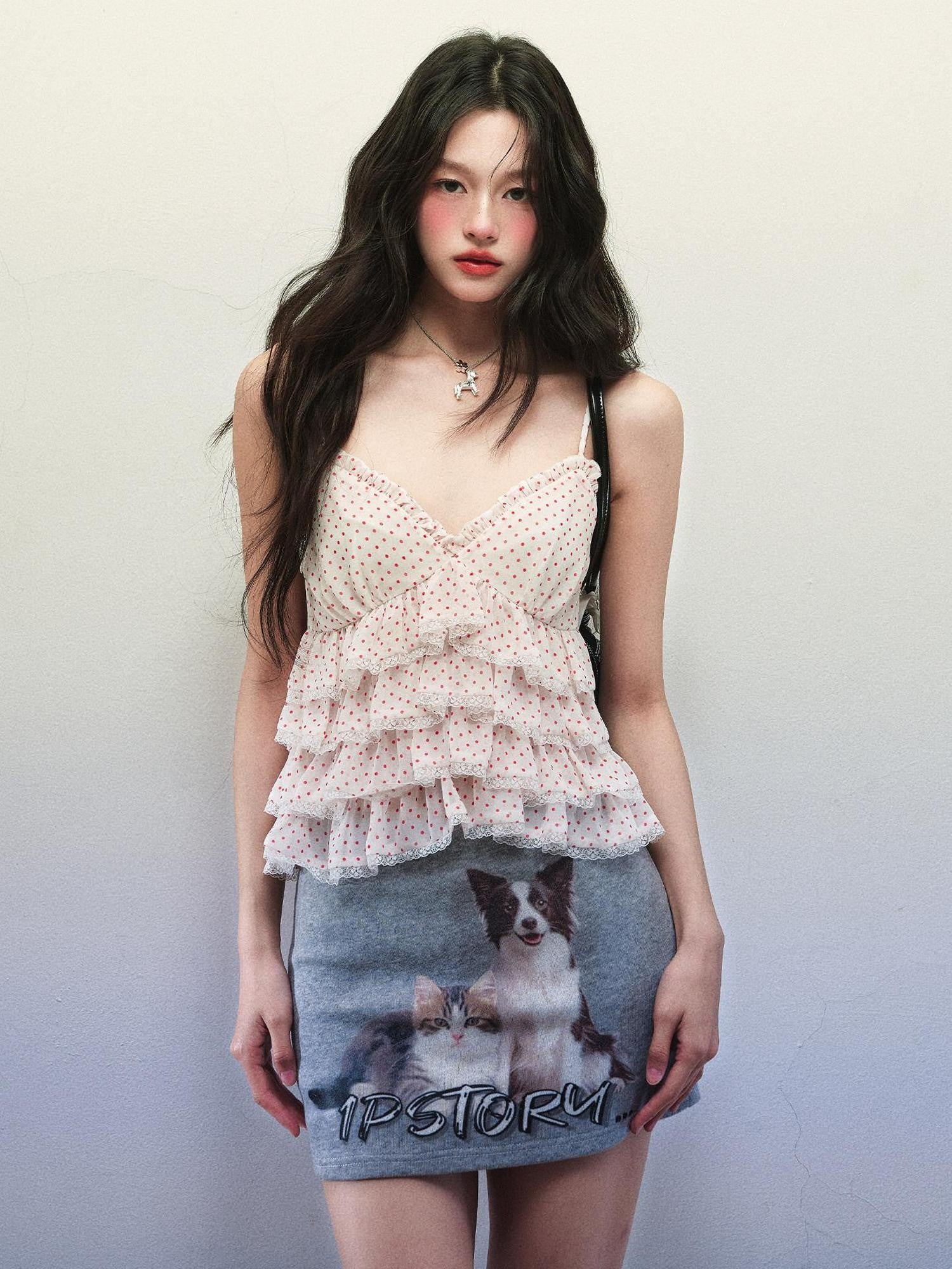 1P STUDIO Polka Dot Cat Dog Print V-neck Ruffle Women&