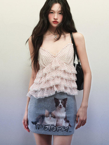 1P STUDIO Polka Dot Cat Dog Print V-neck Ruffle Women&