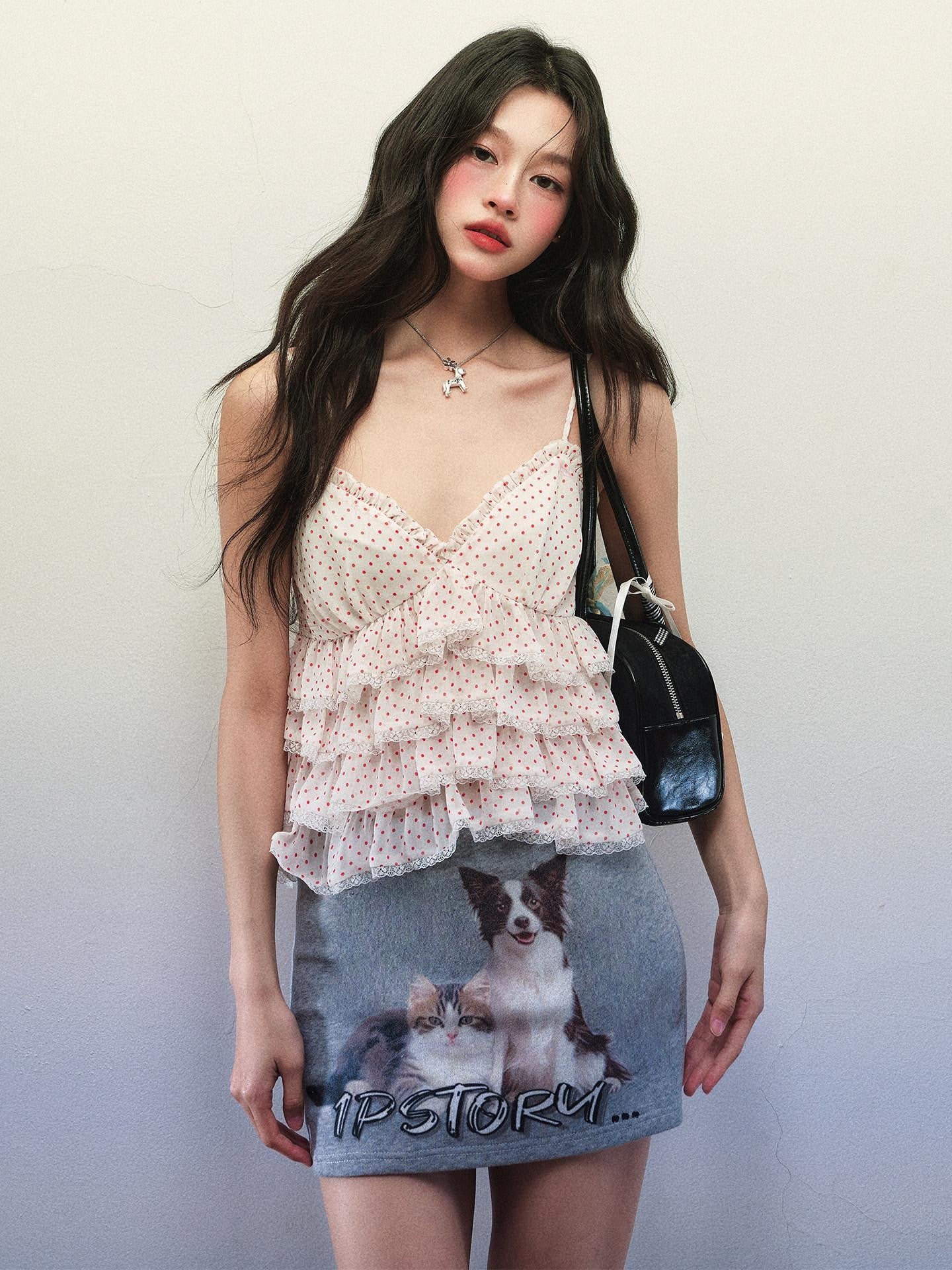 1P STUDIO Polka Dot Cat Dog Print V-neck Ruffle Women&