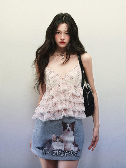 1P STUDIO Polka Dot Cat Dog Print V-neck Ruffle Women&
