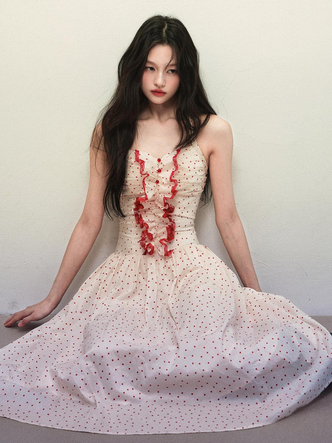 1P STUDIO Polka Dot Lace Ruffle Halter Cinched Waist Women&