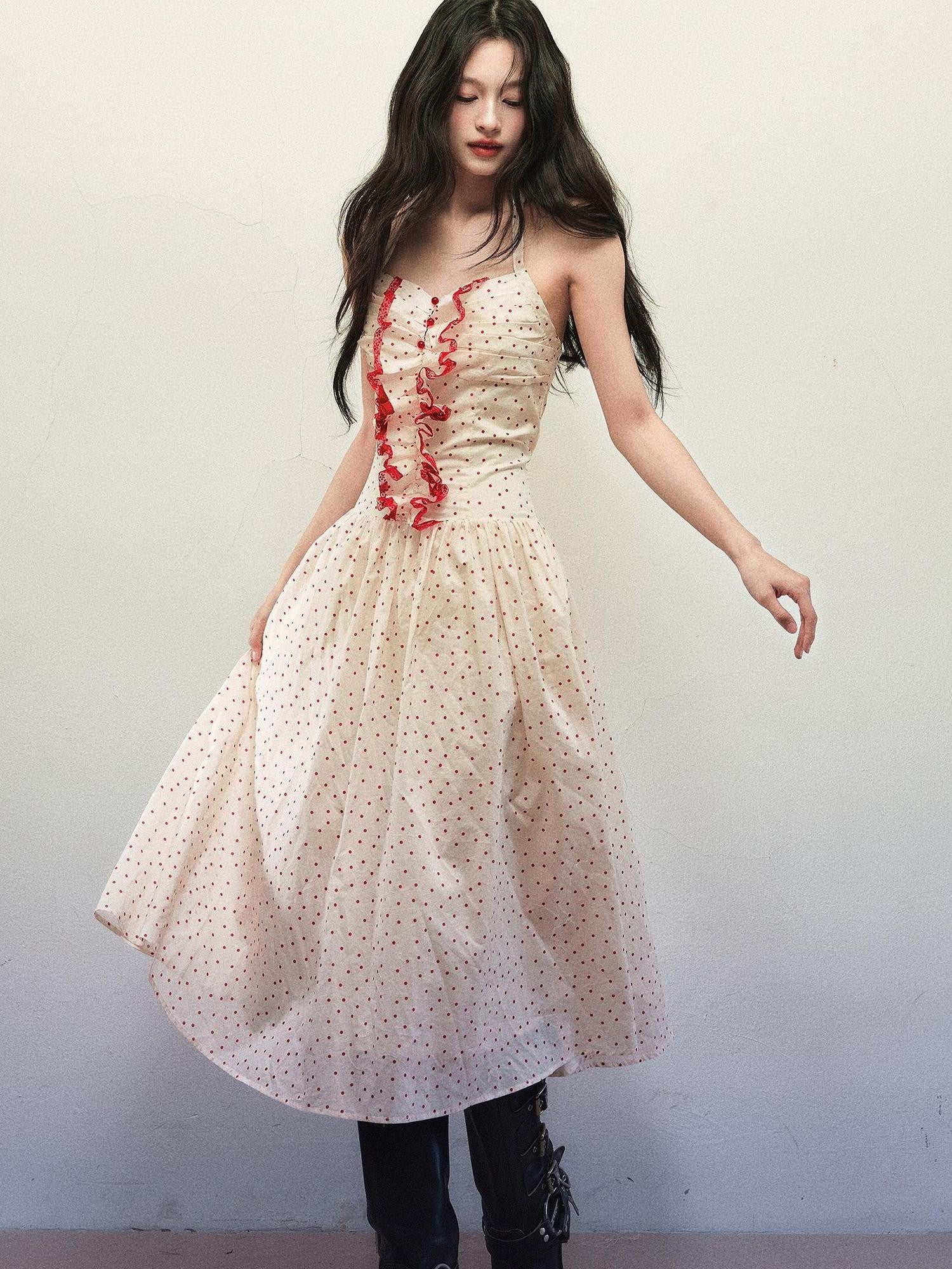 1P STUDIO Polka Dot Lace Ruffle Halter Cinched Waist Women&