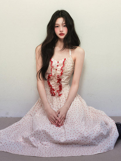 1P STUDIO Polka Dot Lace Ruffle Halter Cinched Waist Women&
