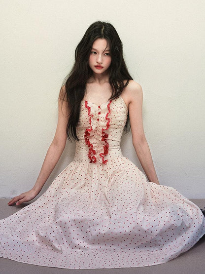 1P STUDIO Polka Dot Lace Ruffle Halter Cinched Waist Women&