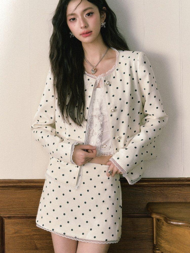 1P STUDIO Polka Dot Lace Trim Structured Shoulder Women&