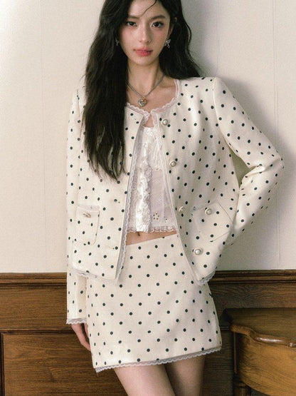 1P STUDIO Polka Dot Lace Trim Structured Shoulder Women&