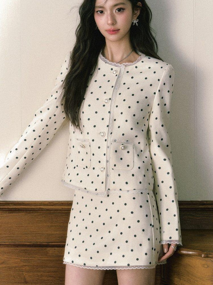 1P STUDIO Polka Dot Lace Trim Structured Shoulder Women&