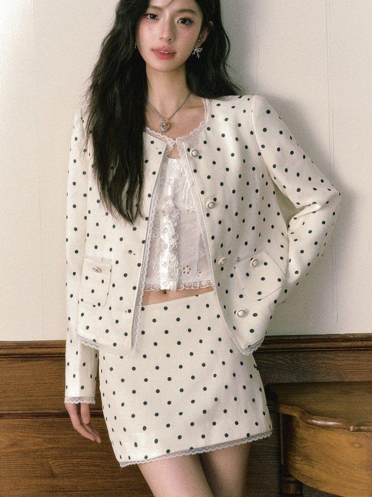 1P STUDIO Polka Dot Lace Trim Structured Shoulder Women&