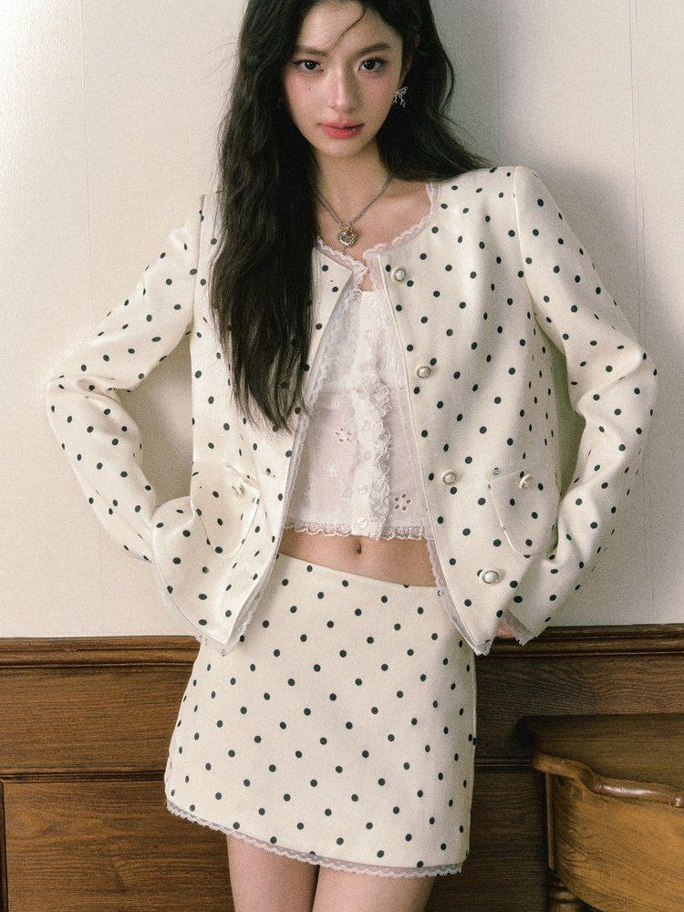 1P STUDIO Polka Dot Lace Trim Structured Shoulder Women&