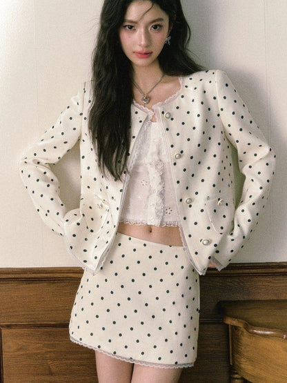 1P STUDIO Polka Dot Lace Trim Structured Shoulder Women&