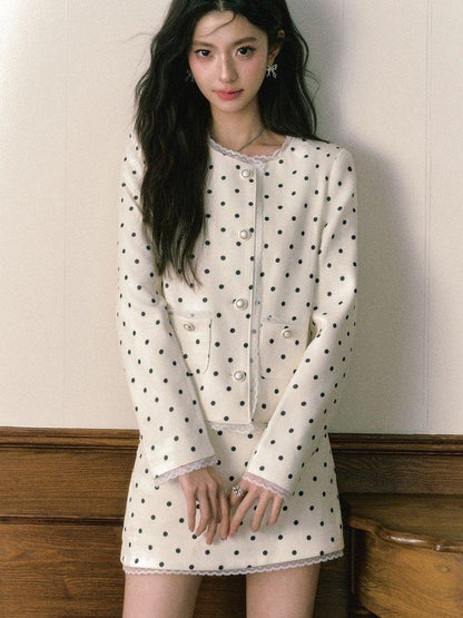 1P STUDIO Polka Dot Lace Trim Structured Shoulder Women&