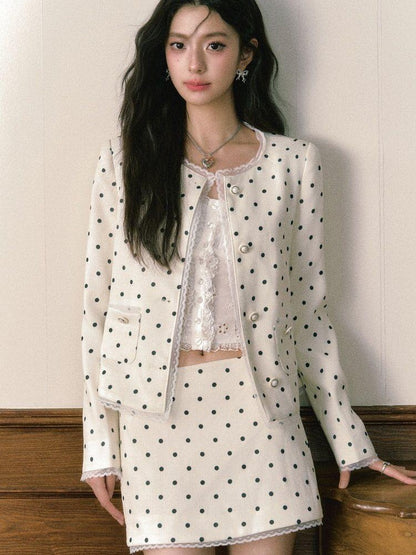 1P STUDIO Polka Dot Lace Trim Structured Shoulder Women&