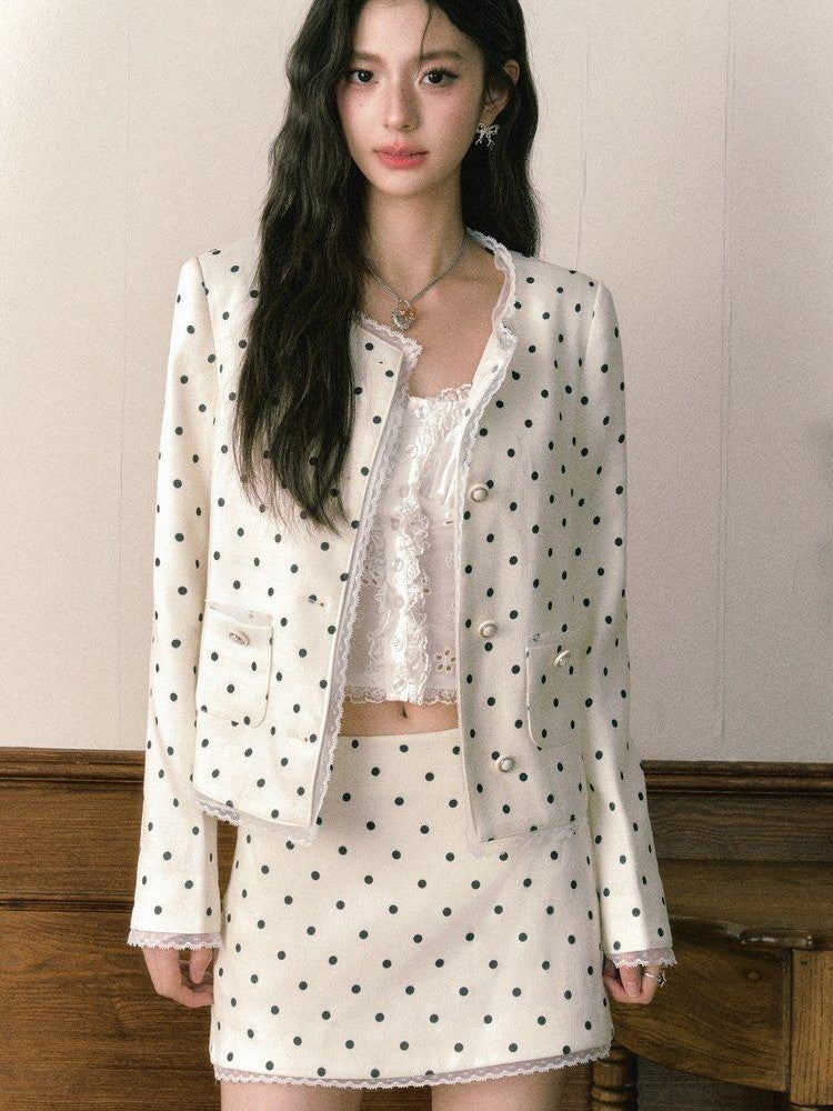 1P STUDIO Polka Dot Lace Trim Structured Shoulder Women&