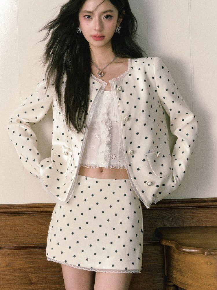 1P STUDIO Polka Dot Lace Trim Structured Shoulder Women&