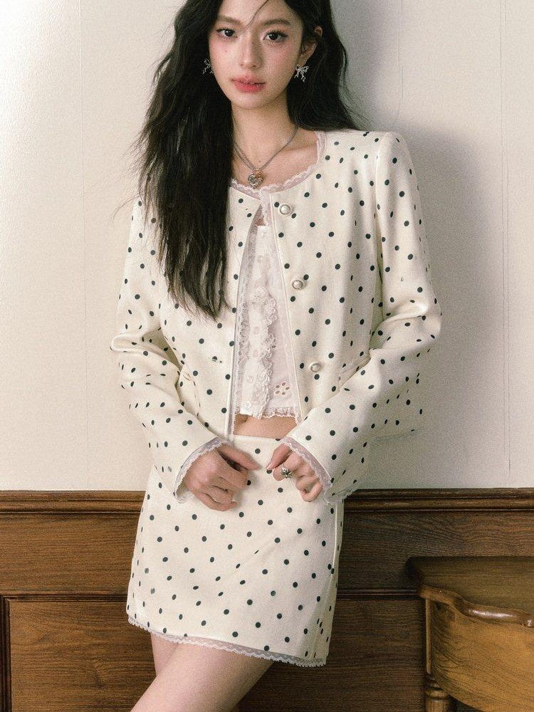 1P STUDIO Polka Dot Lace Trim Structured Shoulder Women&
