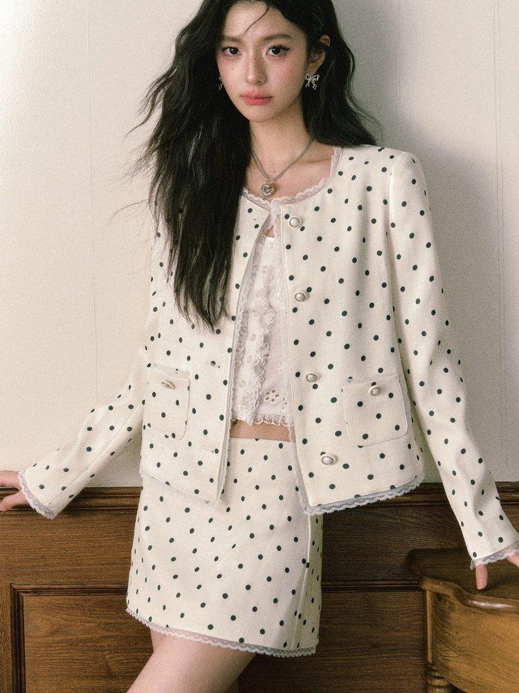 1P STUDIO Polka Dot Lace Trim Structured Shoulder Women&