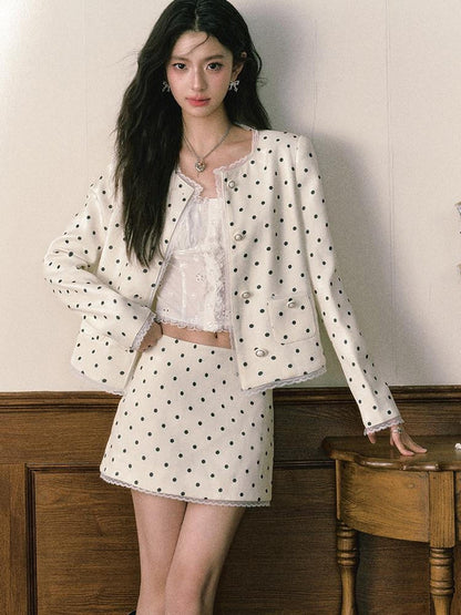 1P STUDIO Polka Dot Lace Trim Structured Shoulder Women&