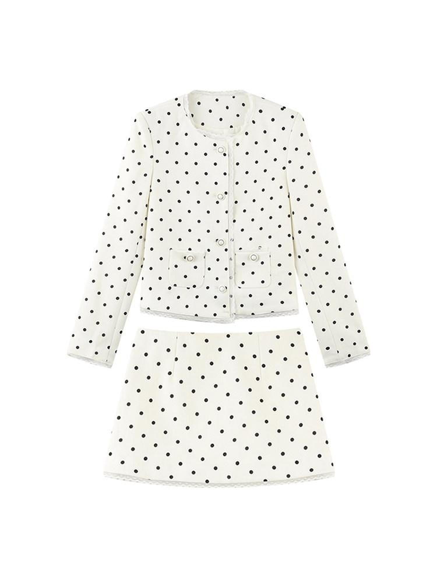 1P STUDIO Polka Dot Lace Trim Structured Shoulder Women&