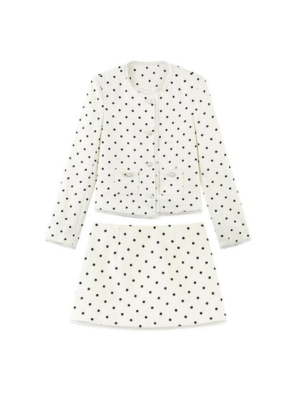 1P STUDIO Polka Dot Lace Trim Structured Shoulder Women&