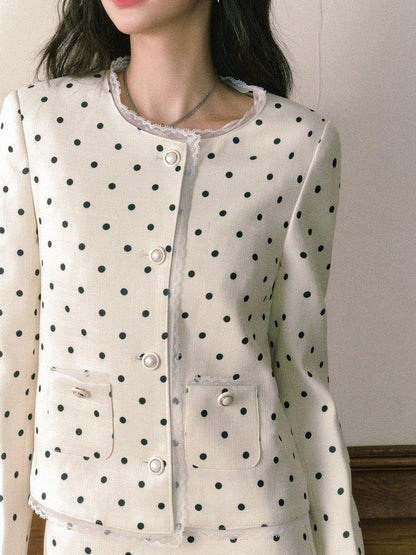 1P STUDIO Polka Dot Lace Trim Structured Shoulder Women&