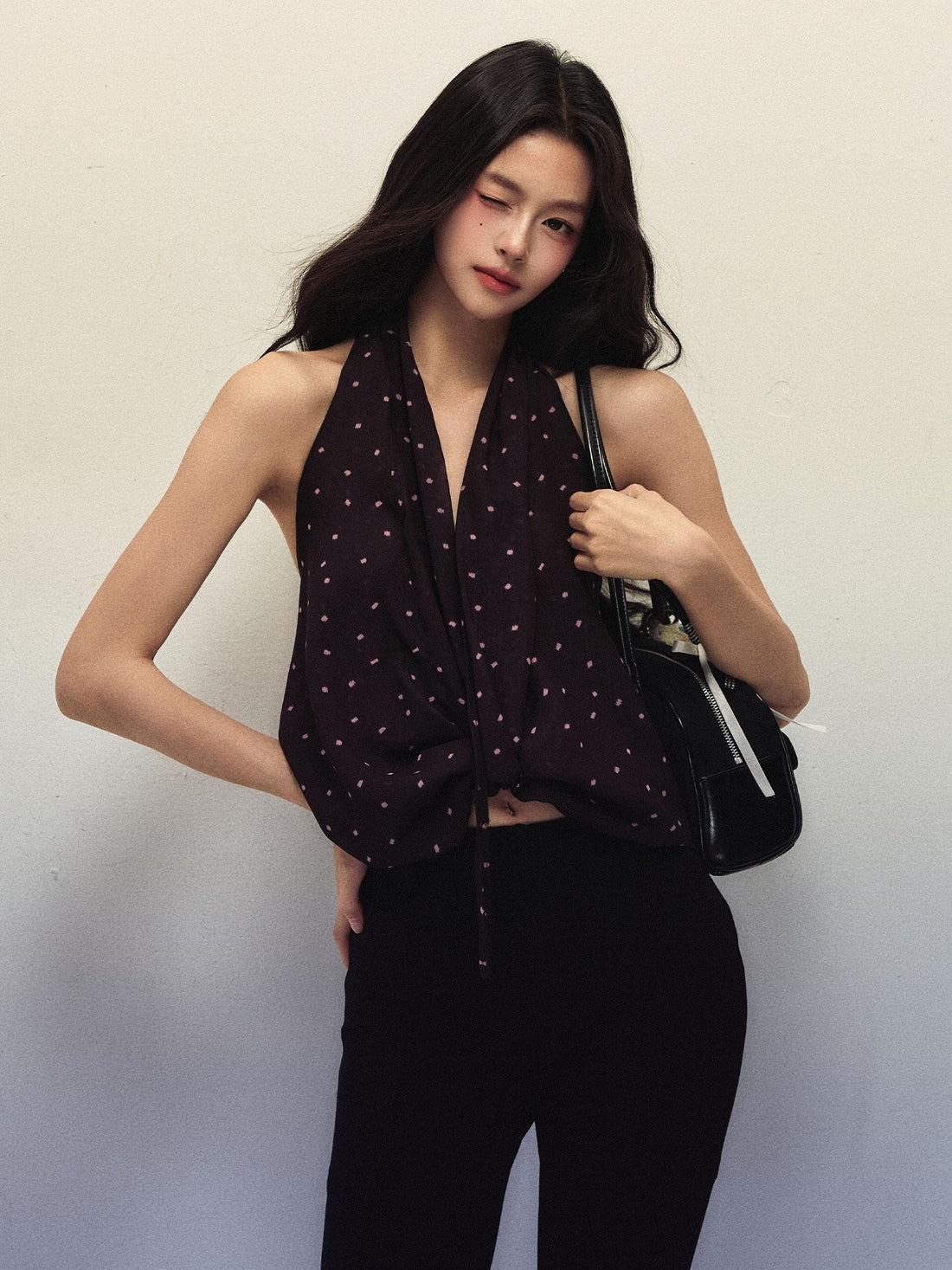 1P STUDIO Polka Dot Printed V-neck Twist Tie Ruffle Women&