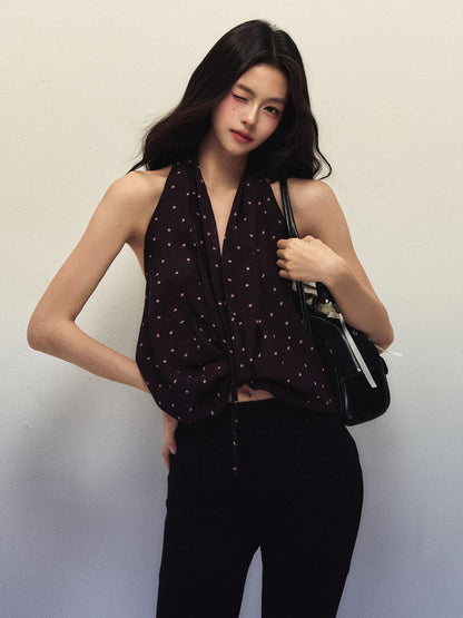 1P STUDIO Polka Dot Printed V-neck Twist Tie Ruffle Women&