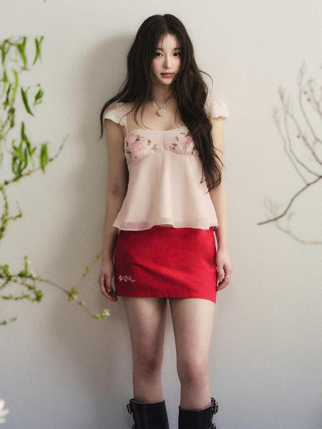 1P STUDIO Powder Pink Beaded Embroidery Square Neck Women&