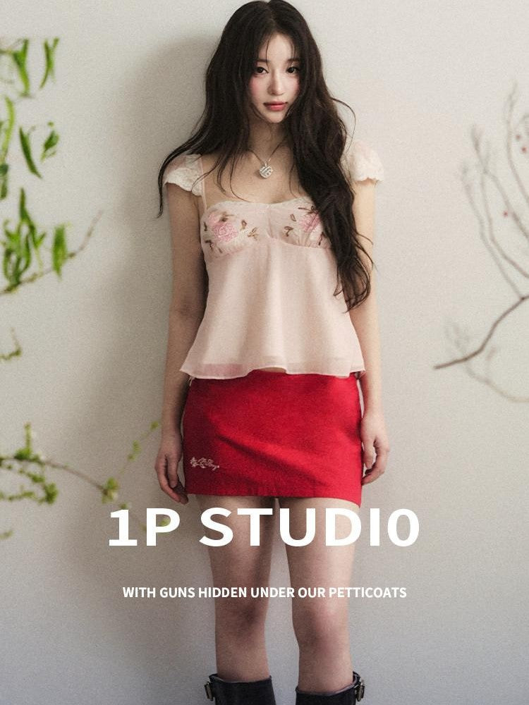 1P STUDIO Powder Pink Beaded Embroidery Square Neck Women&