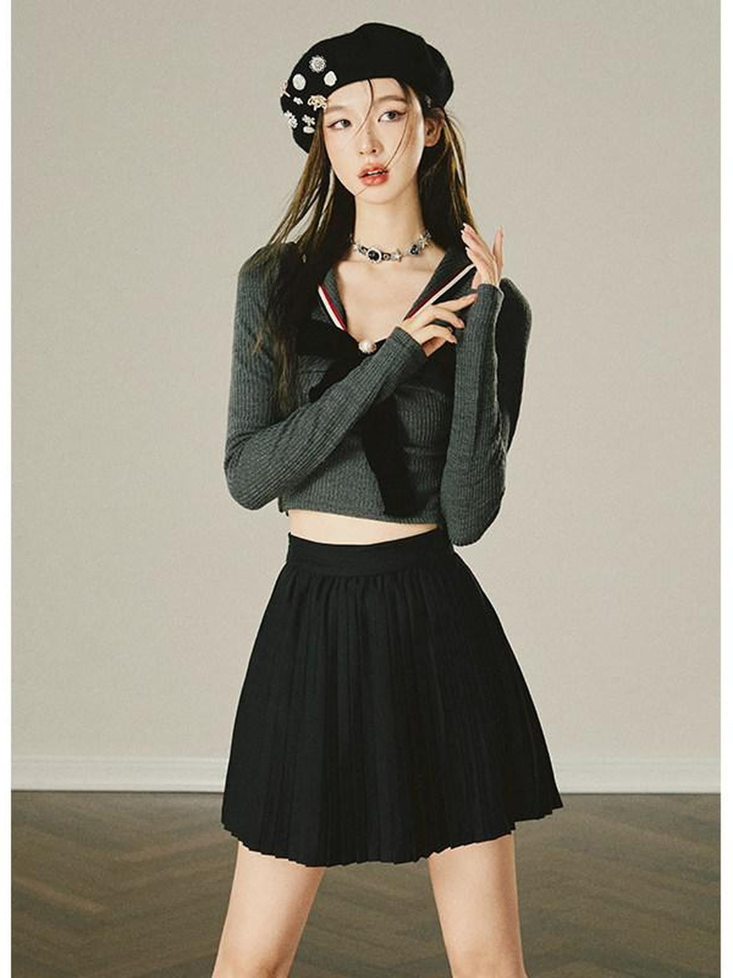 1P STUDIO Preppy Knit Sweater Pleated Skirt Women&