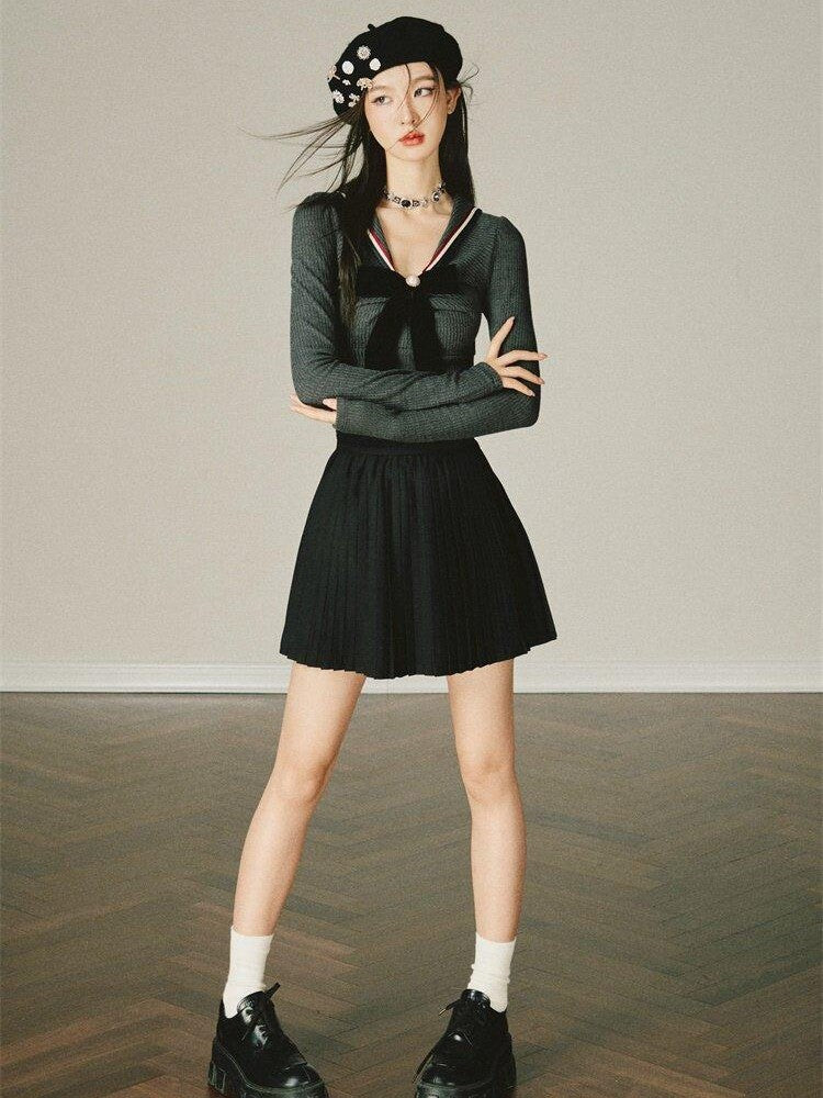 1P STUDIO Preppy Knit Sweater Pleated Skirt Women&