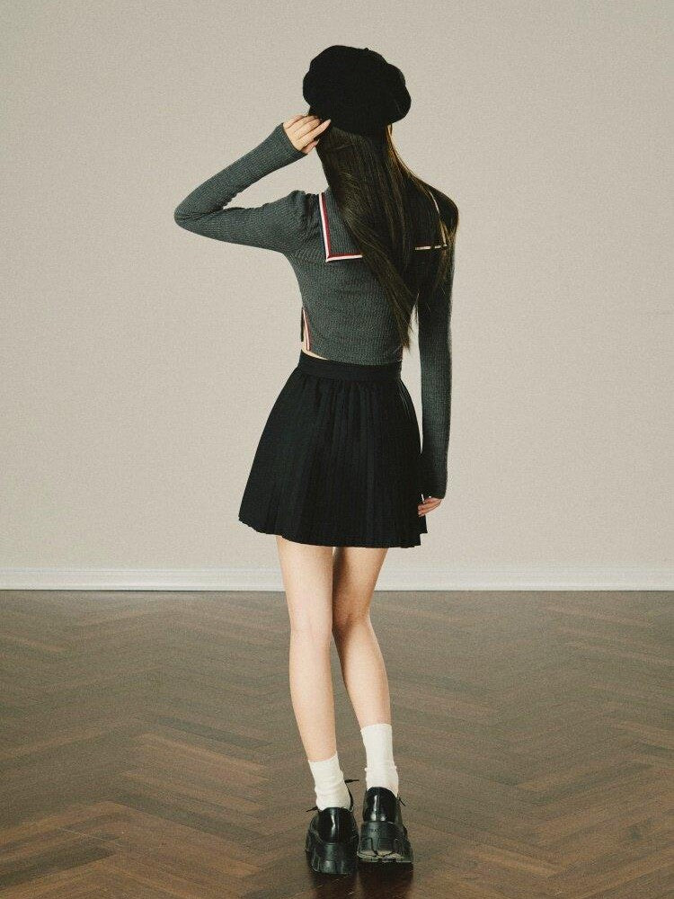 1P STUDIO Preppy Knit Sweater Pleated Skirt Women&