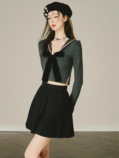 1P STUDIO Preppy Knit Sweater Pleated Skirt Women&