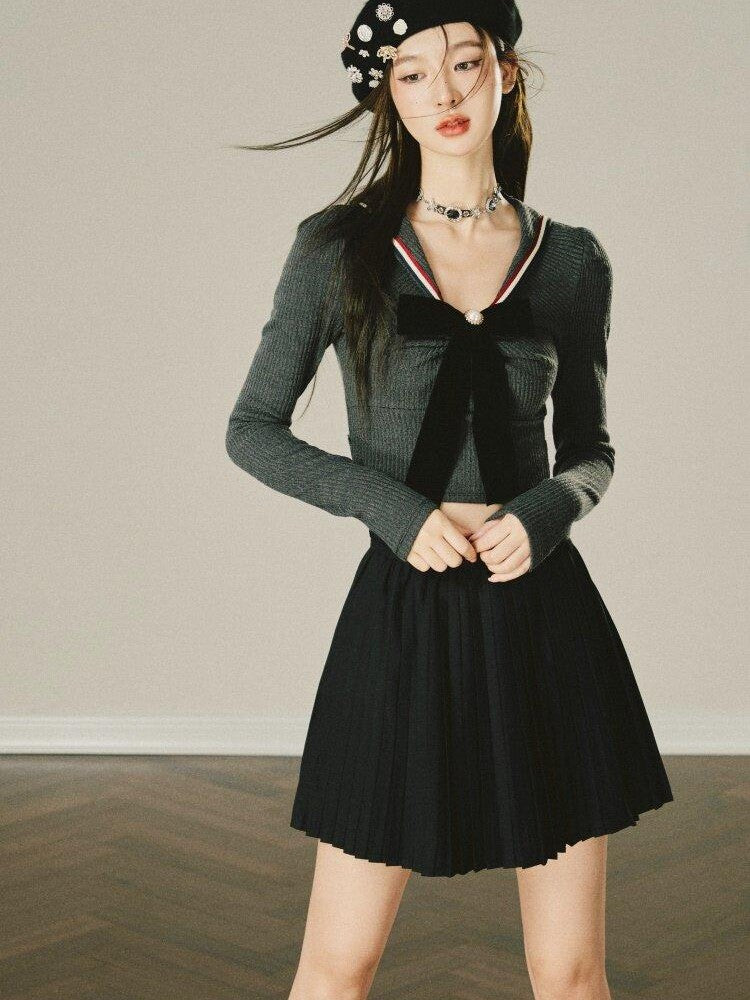 1P STUDIO Preppy Knit Sweater Pleated Skirt Women&
