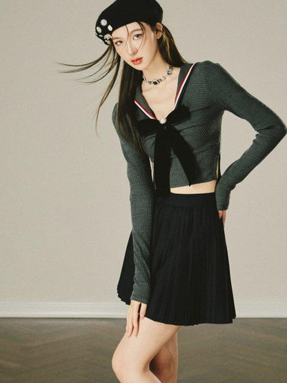 1P STUDIO Preppy Knit Sweater Pleated Skirt Women&