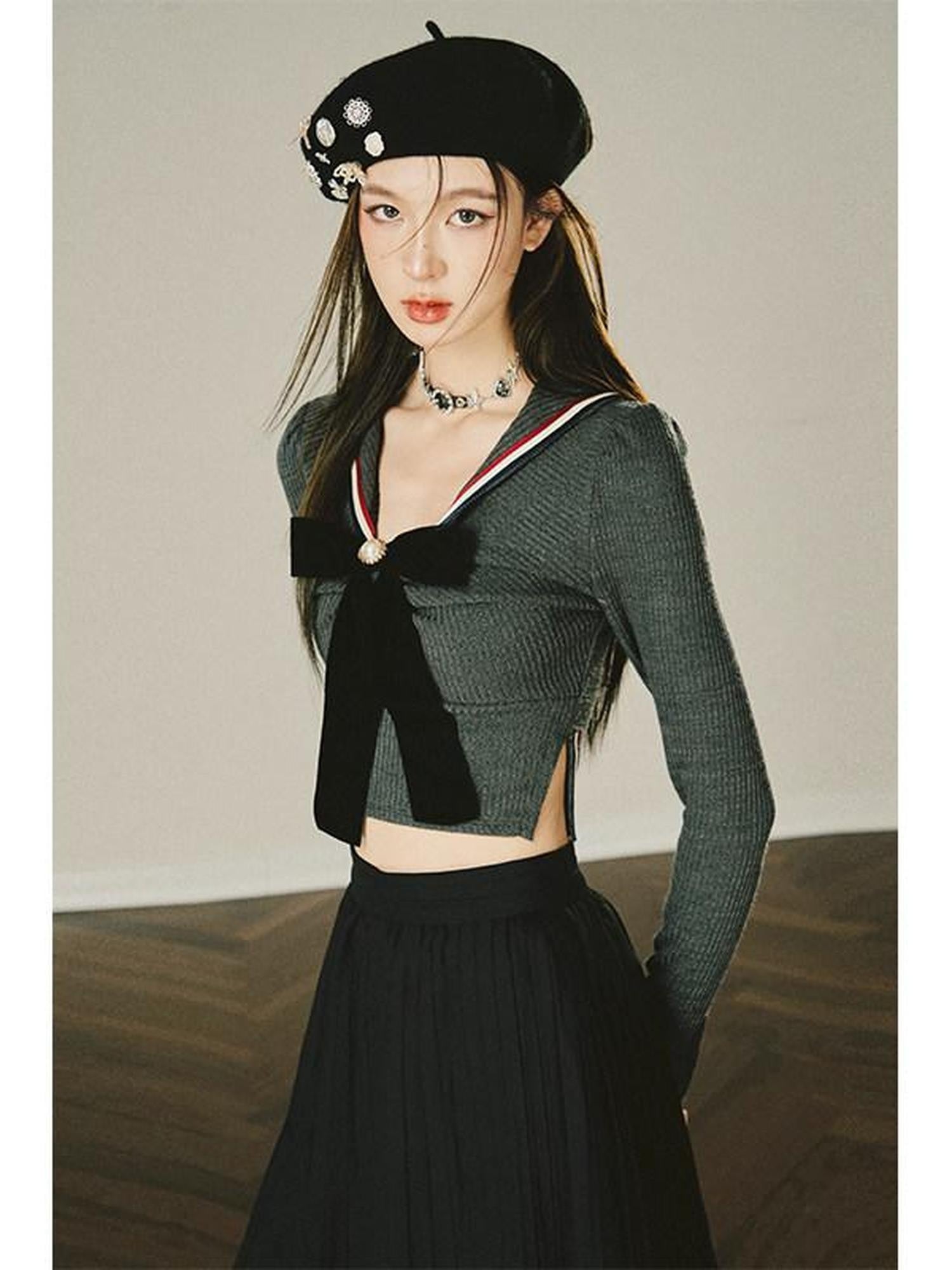 1P STUDIO Preppy Knit Sweater Pleated Skirt Women&
