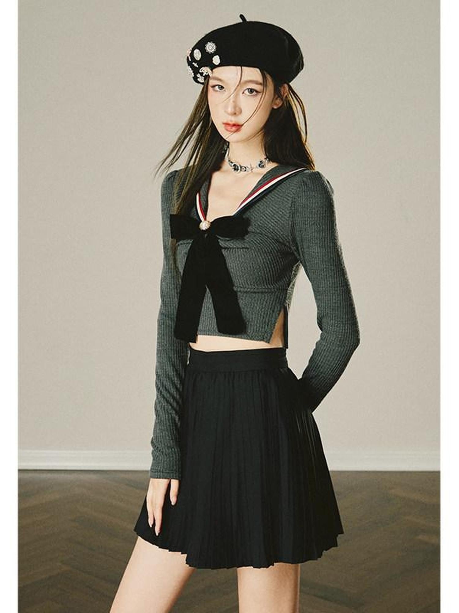 1P STUDIO Preppy Knit Sweater Pleated Skirt Women&
