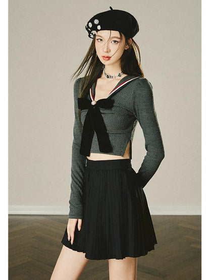 1P STUDIO Preppy Knit Sweater Pleated Skirt Women&