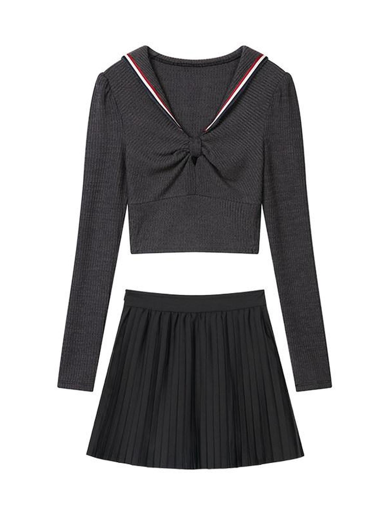 1P STUDIO Preppy Knit Sweater Pleated Skirt Women&