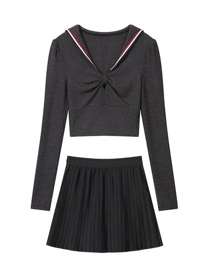 1P STUDIO Preppy Knit Sweater Pleated Skirt Women&